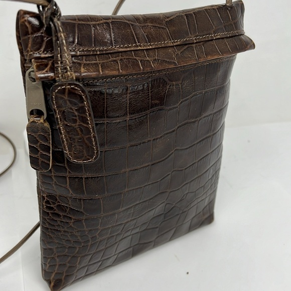 Carlos Falchi Brown Leather Croc Embossed Crossbody Zipper Bag - Picture 1 of 13